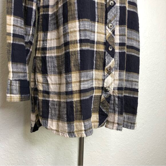Fat Face navy blue tan and cream plaid button down top size 12 - Picture 4 of 15